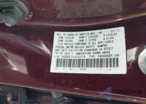 2013 Honda Accord Lx from USA, damaged, VIN 1HGCR2F3XDA123774